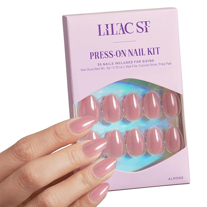 Lilac St - Press on Nails, Afterglow (30 Nails, 15 Sizes) - Short, Almond, Pearl + Glossy, Opaque - Brush-On Nail Glue, Nail File, Cuticle Stick, Prep Pad - Cruelty Free, Vegan, Women Founded