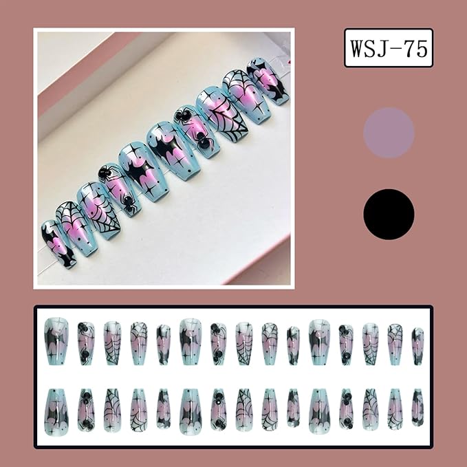 30Pcs Halloween Press on Nails Medium Coffin Chrome White Pink Blue Halloween Fake Nails with 3D Rhinestone Designs Spider Web Bat False Nails Reusable Full Cover Acrylic Glue on Nails for Women