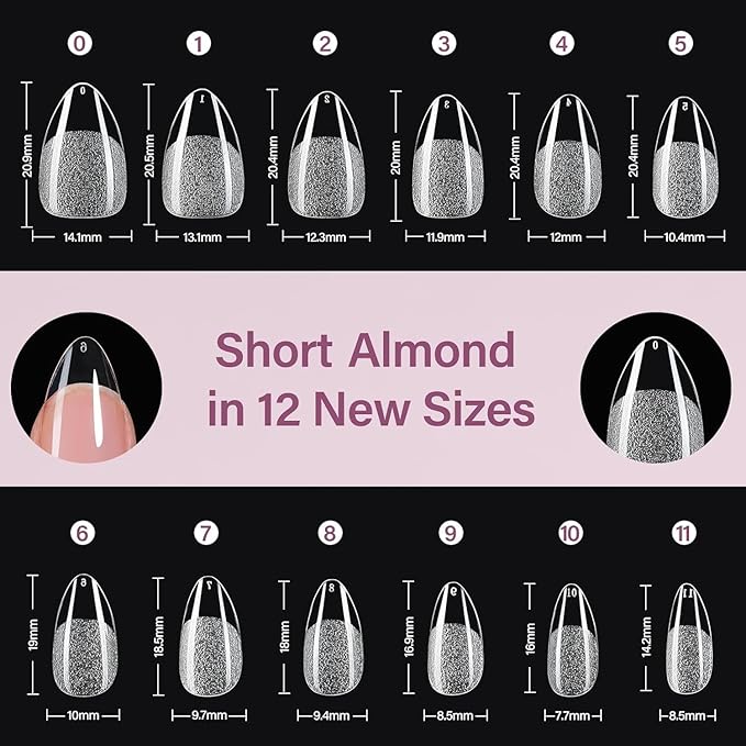 Misssix Short Almond Gel Nail Tips, 216Pcs Pre Etched Clear Fake Nails, Full Cover Soft Acrylic False Nail Glue and Nail Glue Remover for Women 12 Sizes