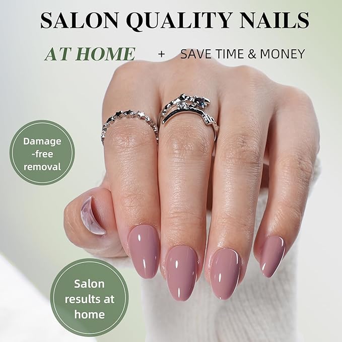 Mauve Press On Nails - Pink Milk Short Fake Nails, Almond Press On Nails Reusable Stick On Nails in 16 Sizes, 32pcs False Nail Kit for Women & Girls