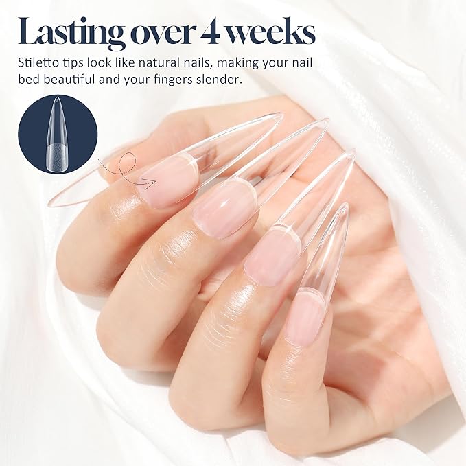 XXL Stiletto Nail Tips 120 Pcs Full Cover Pre-buff Stiletto Gel Press On Nails Flat Tips for Acrylic Nails for Home DIY Nail Extensions 12 Sizes