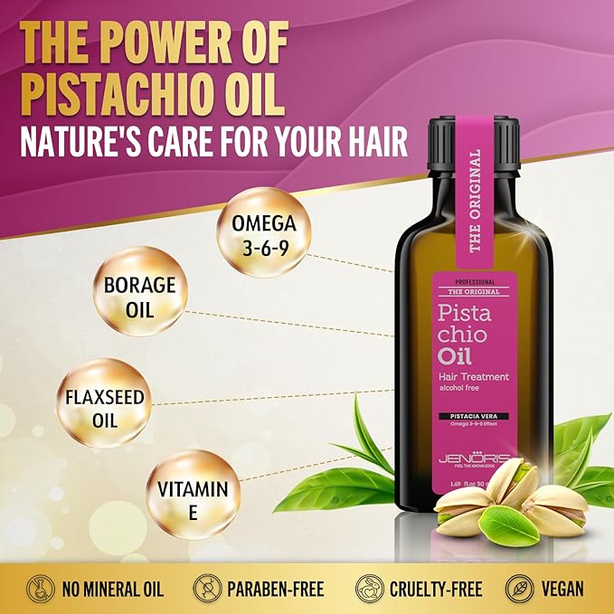 Jenoris Pistachio Oil Hair Serum for Frizzy and Damaged Hair, Lightweight Hair Oil for Dry Hair with Omega 3-6-9 Complex, Anti-Frizz Hair Serum for Shine, Hydration & Split-End Treatment, 1.69 fl.oz