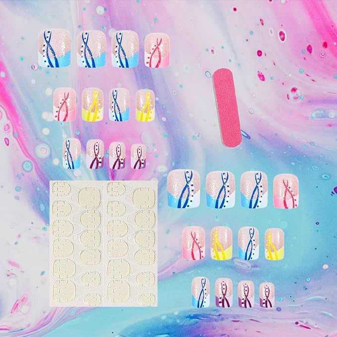 24Pcs Colorful French Press on Nails Polka Dot Stick on Fingernails Curve Line Short Square False Nails Glossy Silver Glitter Acrylic Fake Nail Pink Gradient Gel Glue on Nail for Coquette Women Girls