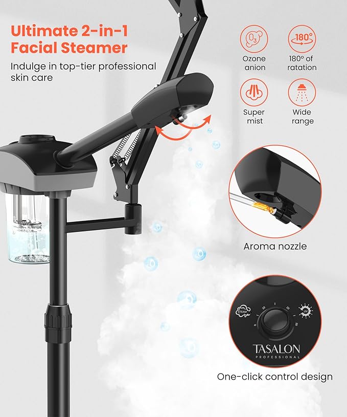 TASALON Professional Facial Steamer with 5X Magnifying Lamp, 2-in-1 Esthetician Steamer on Wheels with Ozone and Hot Mist, Ionic Facial Steamer for Facial Deep Cleaning and Moisturize