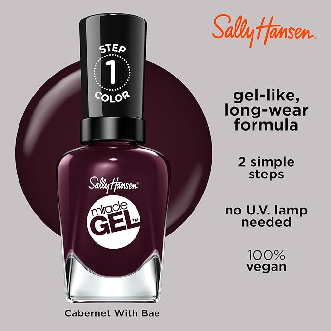 Sally Hansen Miracle Gel, Cabernet With Bae, Long Lasting, Gel-Like Formula, No UV Lamp Needed, Opaque, Shiny Red Nail Polish