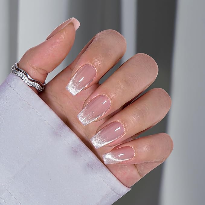 BTArtbox Press On Nails Short - Cat Eye French Tip Press On Nails Coffin, Light Weight & Fit Perfectly Nail Tips, Natural Fake Nail with Glue, Glue On Nails in 16 Sizes - 30 Nail Kit, Milky Way