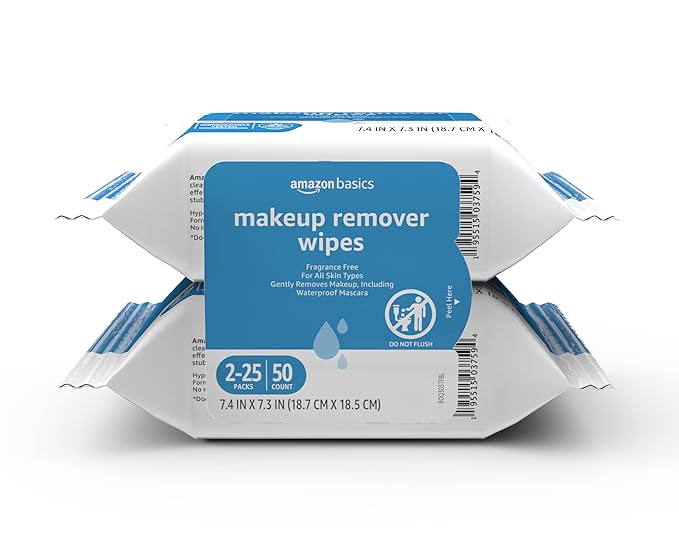 Amazon Basics Make Up Remover Wipes, Fragrance Free, 25 Count, Pack of 2 (Previously Solimo)