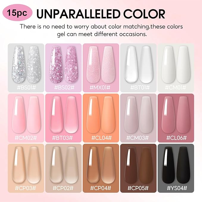 44PC Poly Nail Gel Kit with U V Lamp Starter Kit, 16ML 15 Colors Poly Extension Gel with Light Slip Solution Nail Rhinestones Glitter Decoration Powder Nail Art Kit for Beginners Gifts for Women