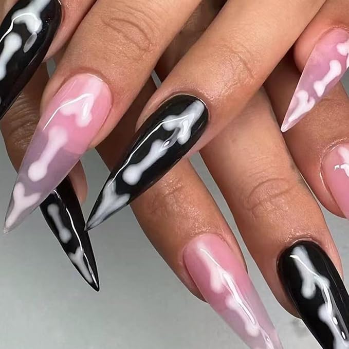 IMRAIN Press On Stiletto Fake Pink Black Glossy Glue on Nails - Full Cover Artificial False Nails with Skull Designs Halloween 24 Pcs Stick Ons