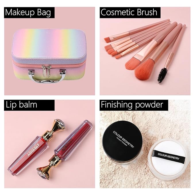 Makeup Kit for Teen Girls,All in One Makeup Kit for 2X16 Colors Eyeshadow Liquid Foundation Eyeliner Pencils Contouring Stick Lip Gloss Eyebrow Pencils 8Pcs Makeup Brushes etc (rainbow)