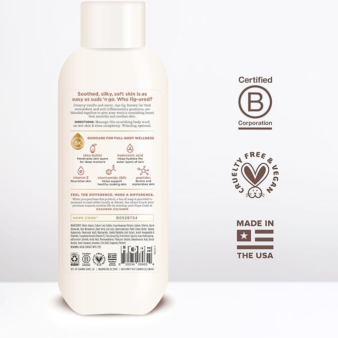 Soapbox Body Wash, Vanilla Bean & Fig Liquid Body Wash, Moisturizing Soap with Shea Butter, Vegan Duo Pack of 2 Soap Bottles, 20oz Each