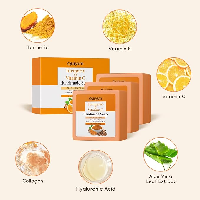 Natural Turmeric Soap Bar for Dark Spot- Vitamin C Dark Spot Remover for Face, Skin Care Sets, Facial Skin Care Products, Even Skin Tone, 3 Pack with African Net Sponge (3.53 Oz/Pcs)