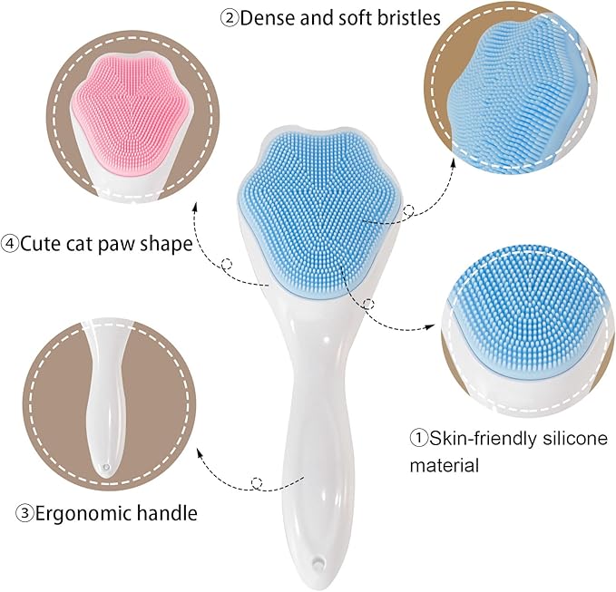 Silicone Face Scrubber Exfoliating Brush, Beomeen 2 Pack Manual Handheld Facial Cleansing and Blackhead Scrubber, Soft Bristles Waterproof for Face Skincare (Blue, Pink)