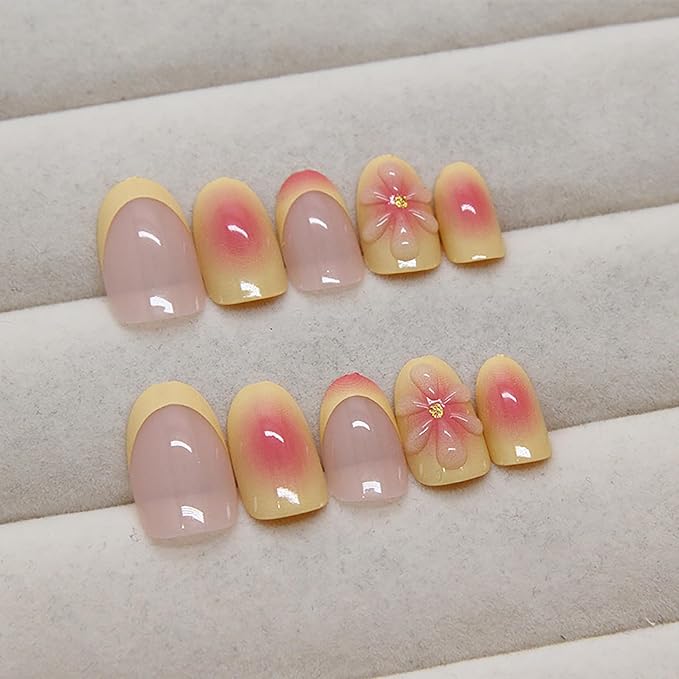 24Pcs Yellow French Tip Press on Nails Short Almond Fake Nails with 3D Flower Glue on Nails Gradient False Nails Summer Acrylic Nails Full Cover Floral Stick on Nails for Women Nail Art Designs