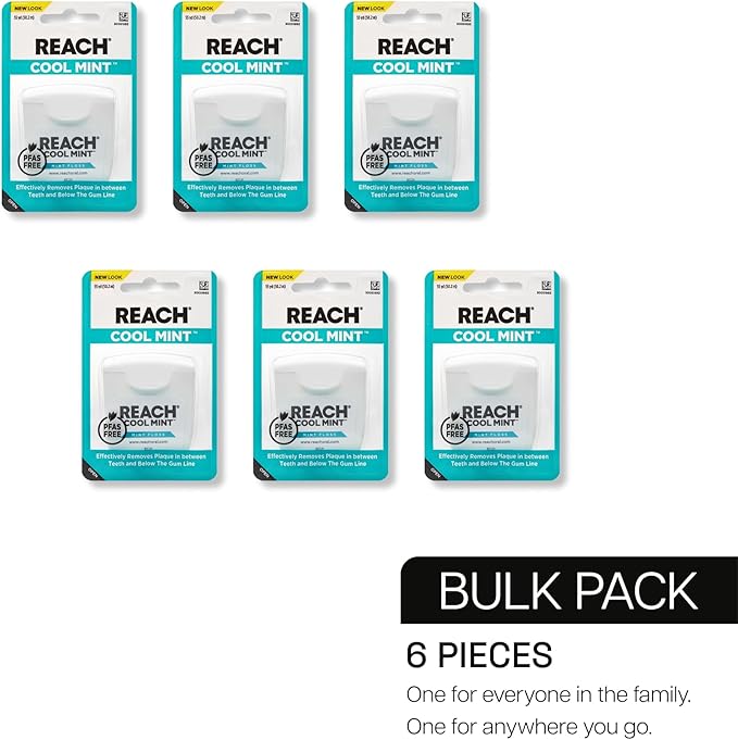 REACH Cool Mint Dental Floss, Fresh Mint, Plaque Remover for Teeth, Shred Resistant, Waxed, Easy on Gums & Teeth, Fresh Breath, Oral Care, PFAS Free, for Adults & Kids, 6 Pack, 55 yd