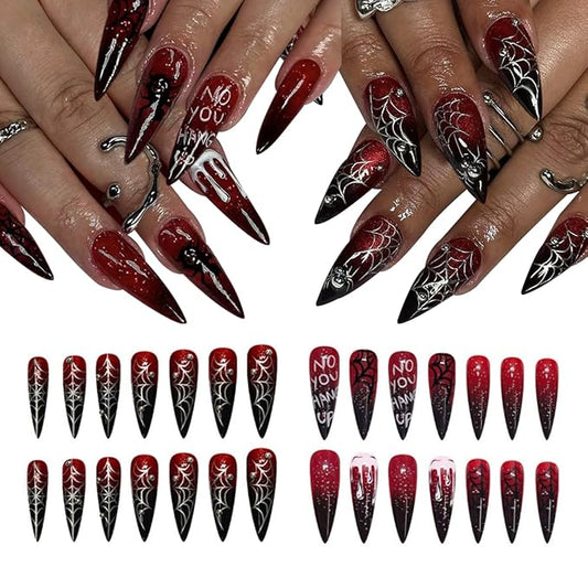 48Pcs Halloween Press on Nails Long Stiletto Fake Nails Spider-Web False Nails with Self-Adhesive Jelly Nail Glue Tabs,Red Artificial Nails Almond Acrylic Full Cover Stick on nails for Women Manicure