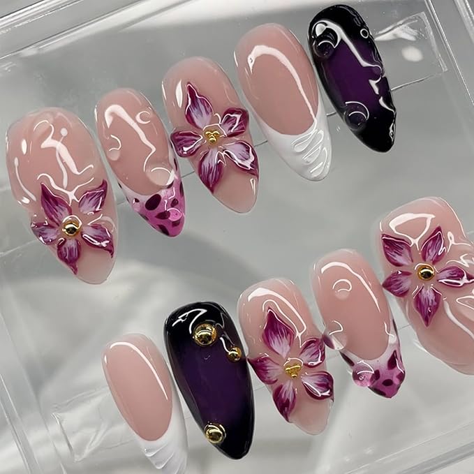24Pcs Flower Press on Nails Medium Almond French Tip Fake Nails with Gold Beads Designs 3D Flowers Handmade Stick on Nails Glossy Purple Pink Full Cover Acrylic False Nails for Women Manicure Kit