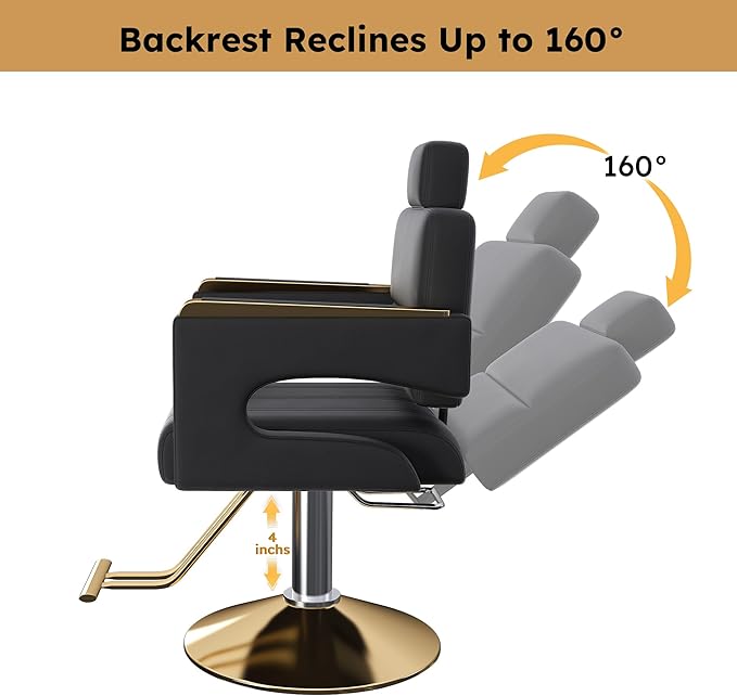 Barber Salon Chair, 360° Rolling Swivel Styling Hair Chair with Adjustable Height, Heavy Duty Hydraulic Pump & Reclining Backrest for Salon & Barber Shop(Black + Gold)