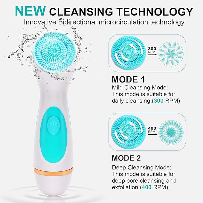 Facial Cleansing Brush, 3 in 1 Electric Face Scrubber with 3 Brush Heads for Women/Men, Waterproof Rechargeable Face Cleansing Brush for Dry Oily Sensitive Skin (Blue)