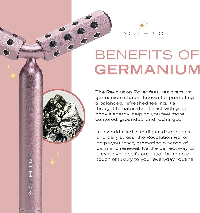 Revolution Roller - Germanium Stone Uplifting Face/Body Beauty Massage Tool/Roller/Wand for Skin Tightening/Firming, De-Puffing, Anti-Aging (Rose Gold)