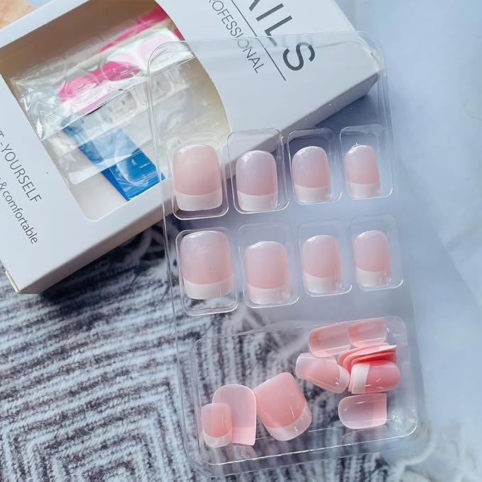 White French Tip Press on Nails Short Square Fake Nails Pink Stick on Nails Full Cover Acrylic False Nails Reusable Natural Glue on Nails With Nude Designs for Women Girl Salon Manicure 24pcs