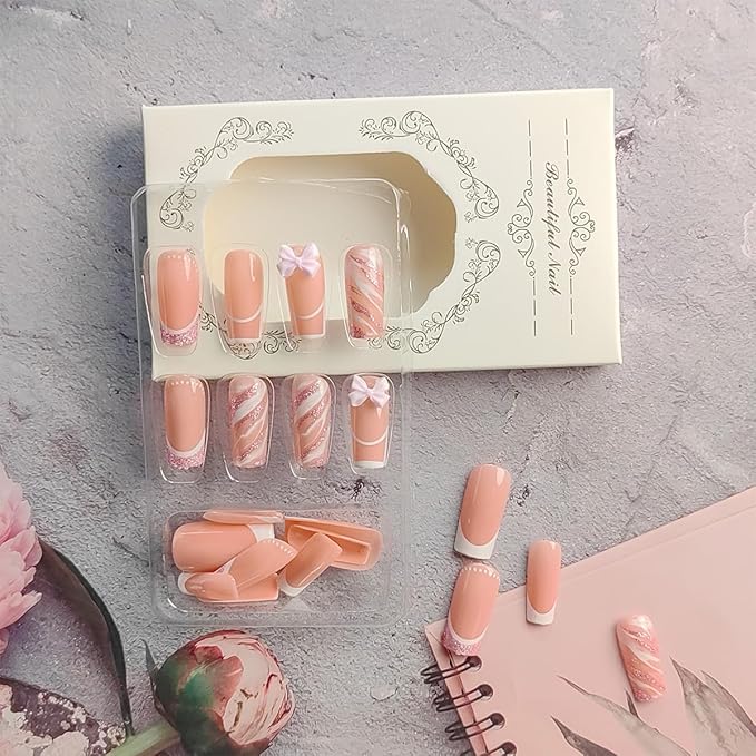 24Pcs French Tip Press on Nails Medium Coffin Fake Nails Bow Charms Acrylic Nails Pink Glitter Nails Tip Artificial False Nails Cute Glue on Nails Glossy Stick on Nails for Women Girls Nail Decoration