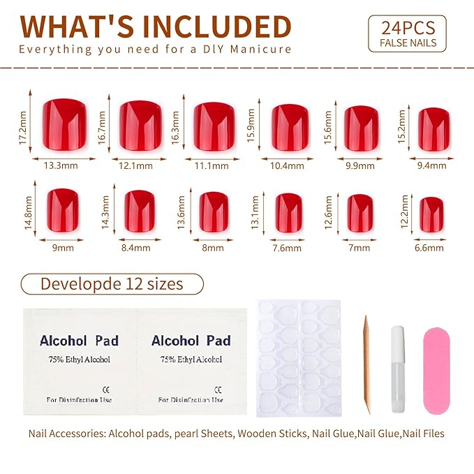 Press on Nails Short Square, True Red Fake Nails Kit, Fashion Glossy Acrylic Press on Nail, Natural Stick on Nail, Thick Reusable Glue on Nails Short Press on Nail for Women, 30Pcs