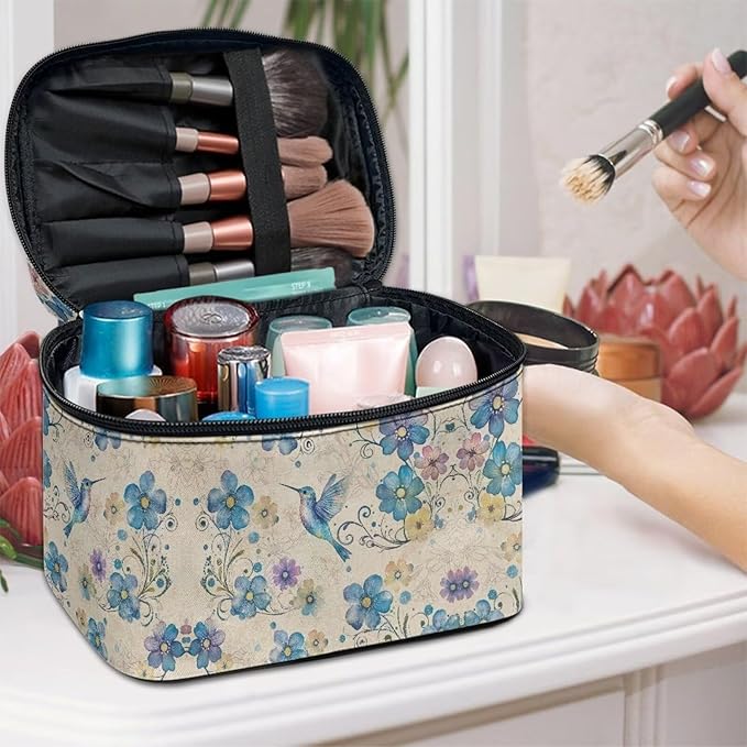 Blue Hummingbird Floral Pattern Travel Makeup Bags for Women Portable Tote Cosmetic Case with Carry Handle Toiletry Accessories Storage Organizer Bags