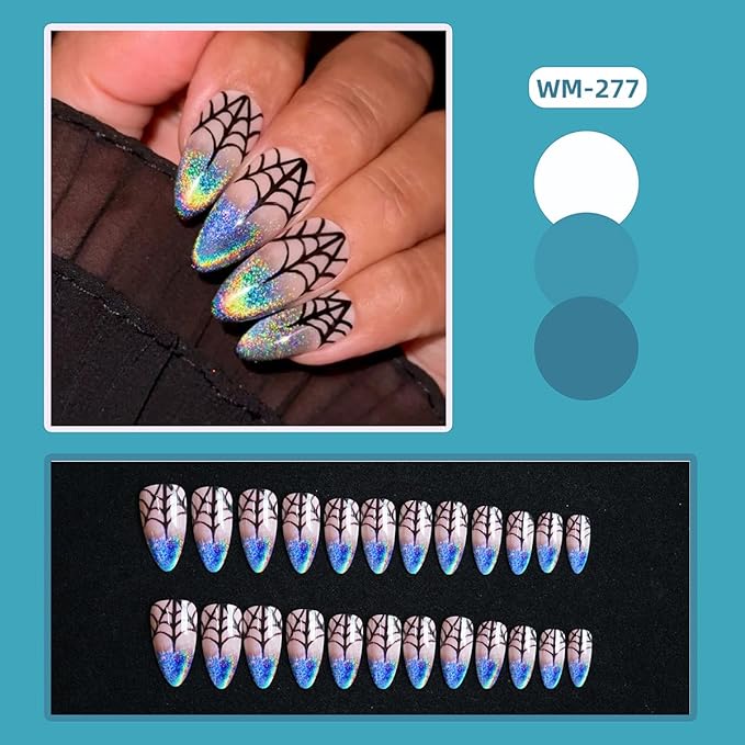 24Pcs Black Spider Web Press on Nails Medium Almond Halloween Fake Nails Laser Tip Glitter Design Full Cover Glue on Nail Goth False Nails Stick on Nails Holiday Nail Art Supplies for Women Manicure