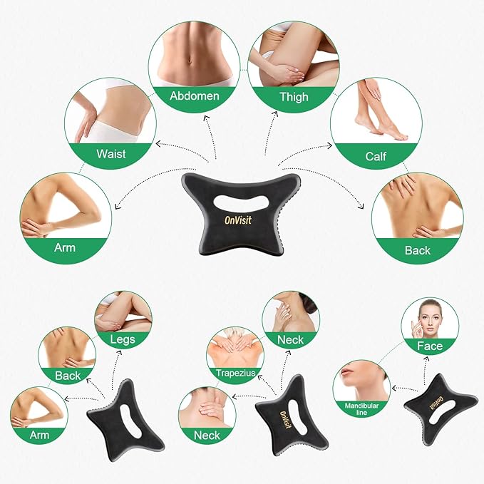 Full Body Gua Sha Tool and Facial Massage Tools, Ergonomic Bian Stone Handle Guasha Scraping for Neck/Arm/Back/Legs and Stomach Massager for Lymphatic Drainage & Cellulite (Black, Large)