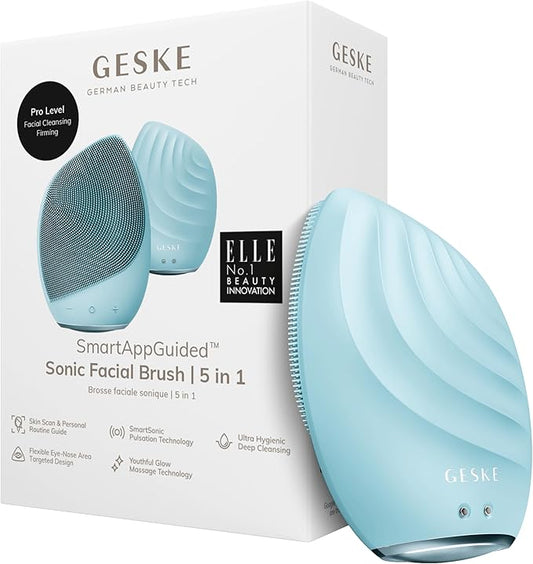 GESKE SmartAppGuided Sonic Facial Brush 5 in 1 | Vibrating Electric Cleansing Brush | Soft Silicone | Professional Cleanser | Skin Exfoliator | Face Massager