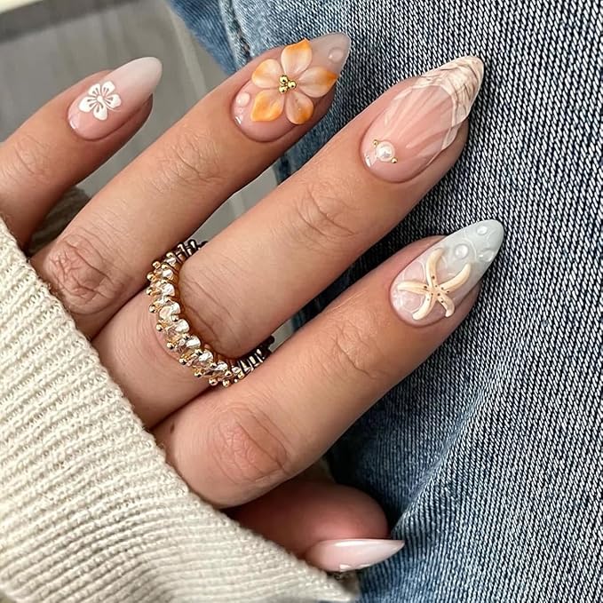 24Pcs 3D Flower Press on Nails Medium Almond Fake Nails Beach French Tip False Nails with Design Full Cover Starfish Artificial Glue on Nails Spring Summer Acrylic Nails Embossed Flower Stick on Nails