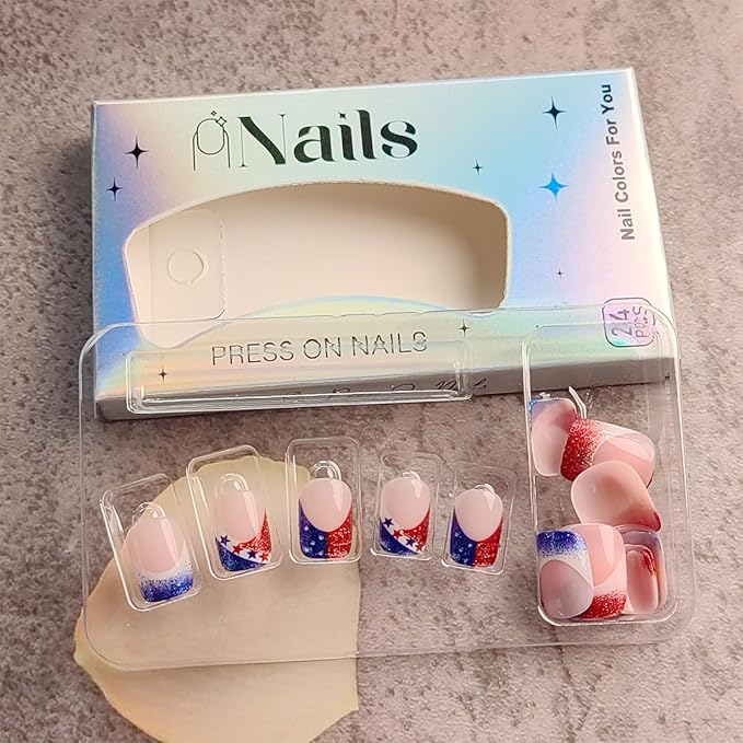 24Pcs Independence Day Nails French Tip Press on Nails Short Square Fake Nails Glitter Nails Tip Acrylic Nails 4th of July False Nails Patriotic Glue on Nails Star Artificial Nail for Holiday Manicure
