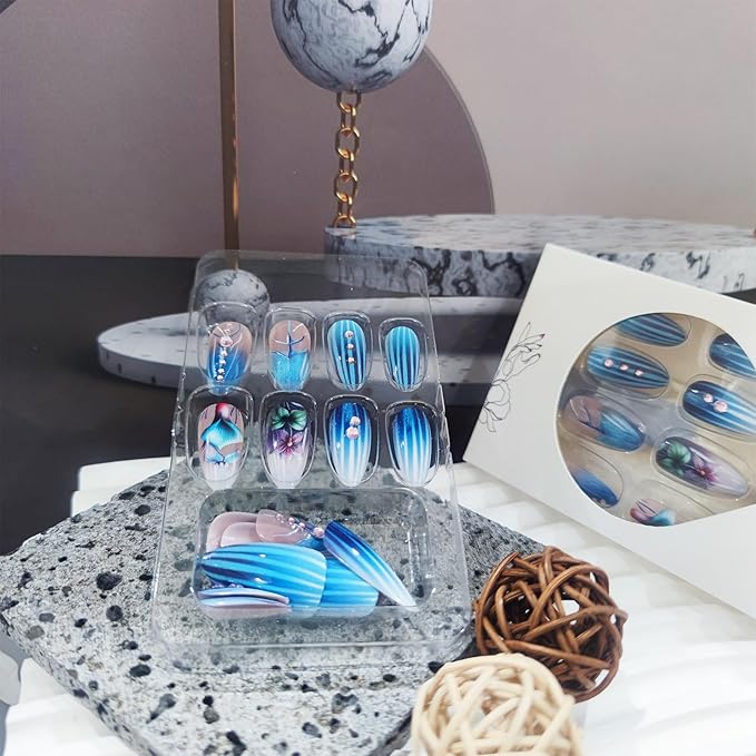 Summer Flower Press on Nails 24Pcs Glossy Blue Gradient Stick on Nail Green Leaves Gel Glue on Fingernails Acrylic Full Cover Fake Nails Rhinestones Medium Almond False Nail for Holiday Manicure Art