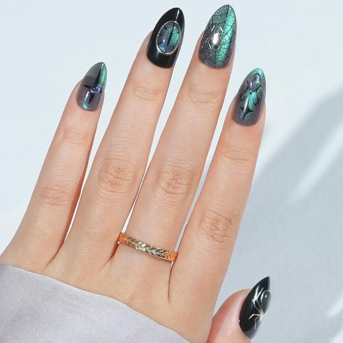Press On Nails Halloween Almond - Spider Gem, Chameleon Cat Eye Effect Halloween Nails, Acrylic Square Short Halloween Fake Nails with Nail Glue, Stick On Nails in 16 Sizes - 32 PCS Soft Gel Kit