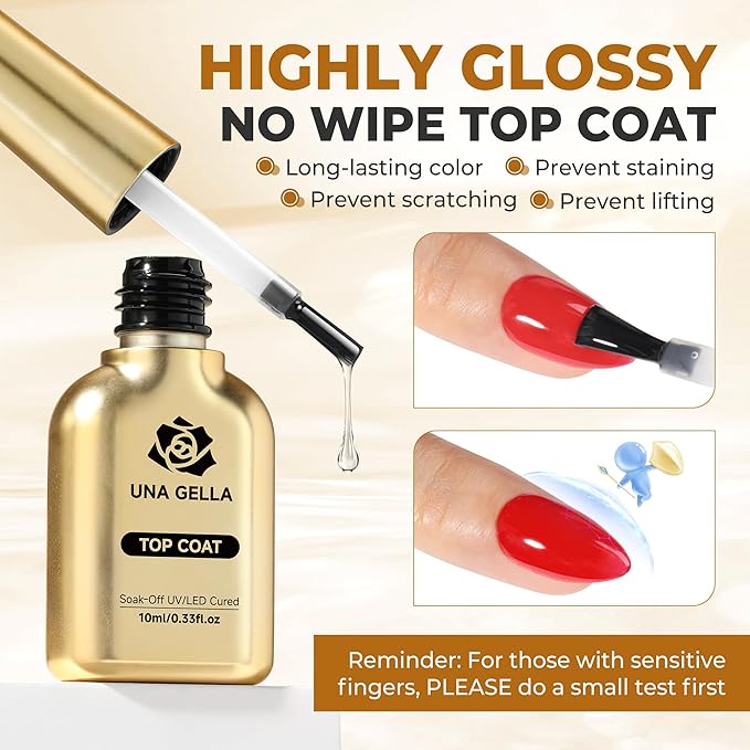 UNA GELLA No Wipe 2PCS Gel Top Coat Base Coat Set, Highly Glossy Top Coat Gel Nail Polish Strengthen and Acid-Free Clear Nail Base Soak Off, Key to Manicure for Her (U V Cure Need)