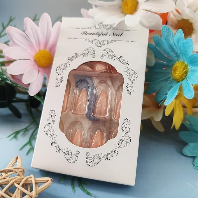 Leaf Press on Nails 24Pcs Gold Leaves Press ons Fingernails Glossy Nude Medium Almond False Nail Simple Gel Glue on Acrylic Fake Nails Curve Line Stick on Nail for Holiday Manicure Art