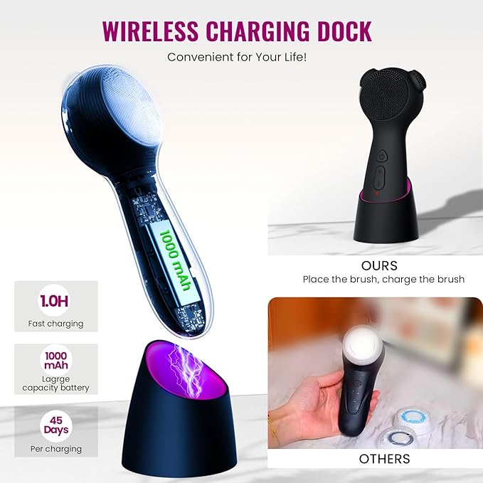 Silicone Face Scrubber Exfoliator Electric for Men Women, Rechargeable Facial Cleansing Brush with Wireless Charging Dock, Waterproof Sonic Vibrating Face Scrub Brush Cleanser for Exfoliating, Black