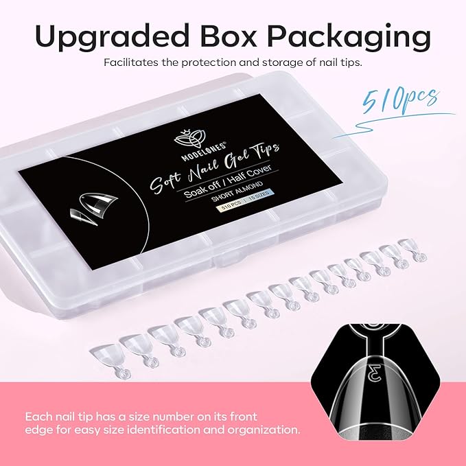 Modelones Extra Short Almond Fake Nail Tips - 510Pcs Half Cover Gel Tips Pre-shaped Clear Acrylic Gel Kit False Press on Nails for Extension DIY Salon 15Sizes