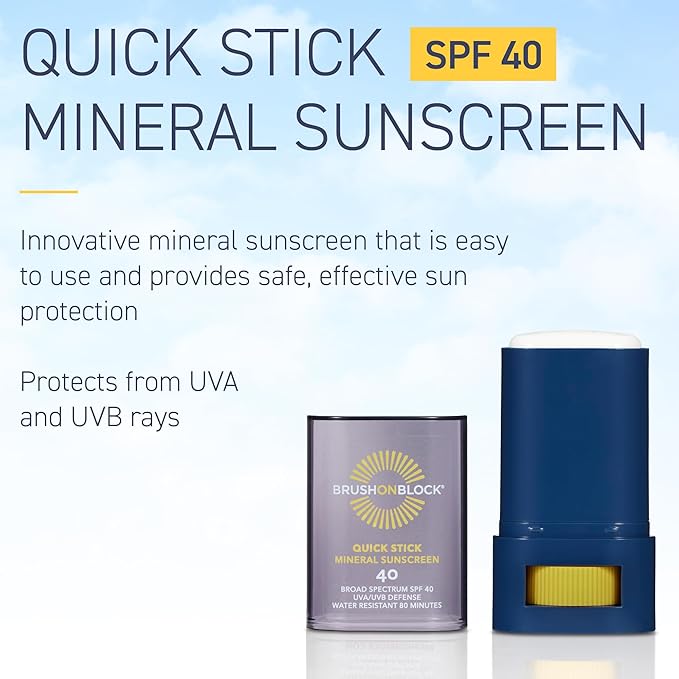 Brush On Block Quick Stick SPF 40, Mineral Sunscreen Stick, UVA/UVB Protection, Water Resistant, Hawaii Compliant, Reef Friendly, 0.63 oz
