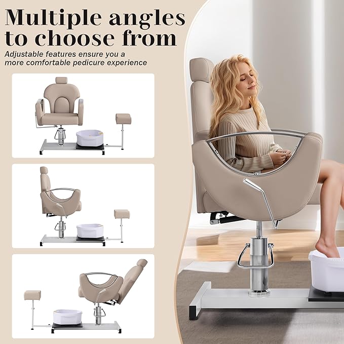 Pedicure Station No Plumbing, Hydraulic Pedicure Chair for Nail Tech, Height Adjustable Reclining Pedicure Station Unit, 360 Degree Swivel Foot Spa Chair with Massage Foot Bath (Grey-Sliver)