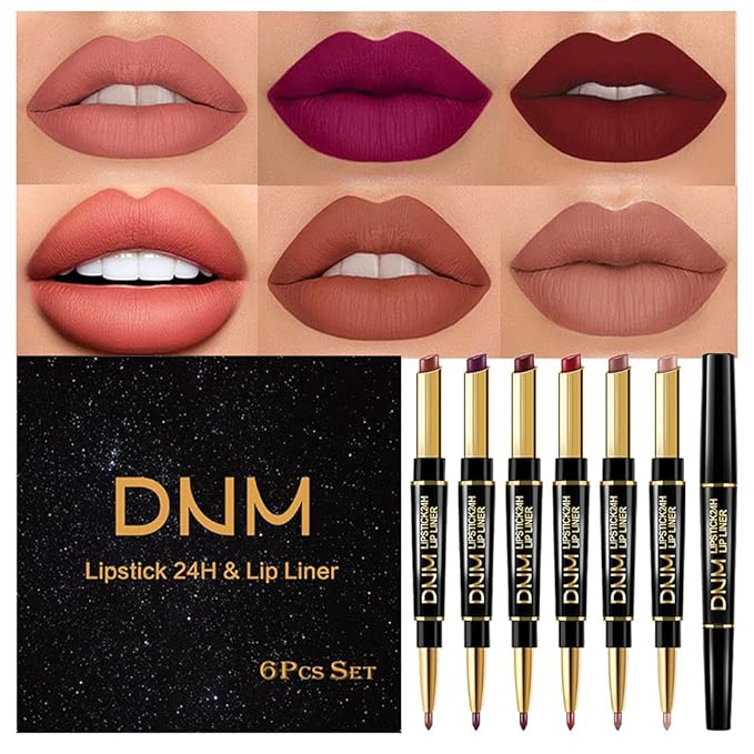 evpct 6 Pcs Lip Liner and Lipstick Set Kit Chestnut Nude Dark Red Matte Matt Mat 24 Hour Lipstick Pen and Lip Kit with Lip Liner Pencil Long Lasting Set for Women labiales mate 24 horas originales