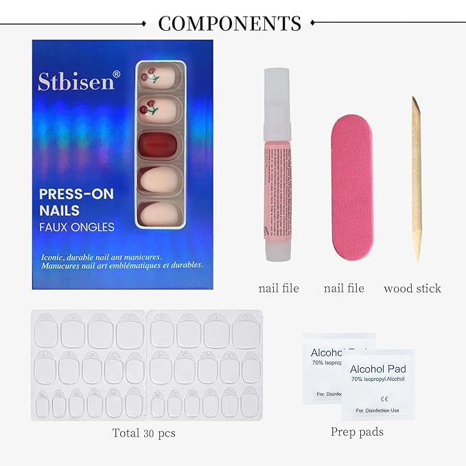 Cherry Press On Nails Short Square Shape – Glossy French Tip Fake Nails with 3D Cherry Design, 30PCS Reusable Acrylic Stick On Nails with Glue Kit, Cute Red & Pink False Nails for Women