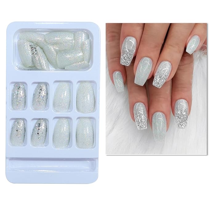 Coffin Press on Nails: Short Acrylic Glitter Sequins Fake Nails Designs - 24 Pcs / 12 Size