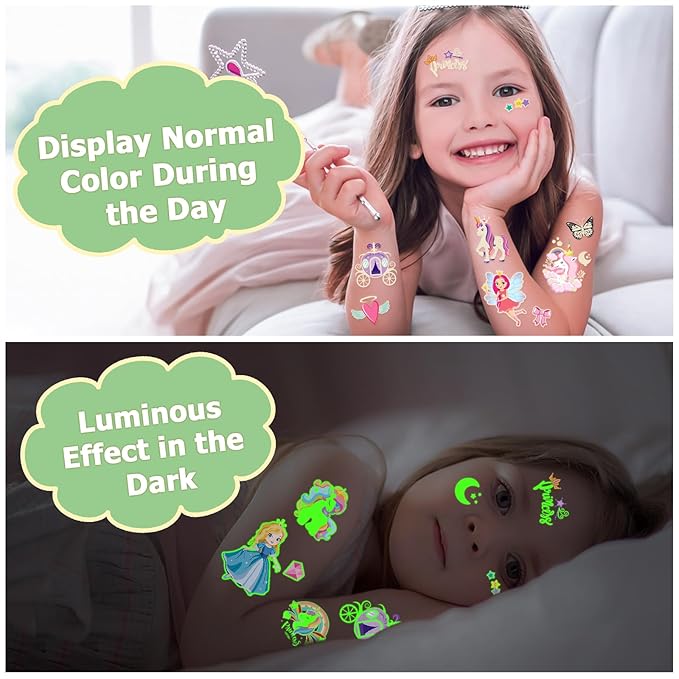 252+ PCS Glow Princess Temporary Tattoo for Kids, 36 Sheets Rainbow Castle Candy Star Prince Fake Tattoos Sticker for Girls Boys, Luminous Birthday Magic Fairy Theme Party Favors Decoration