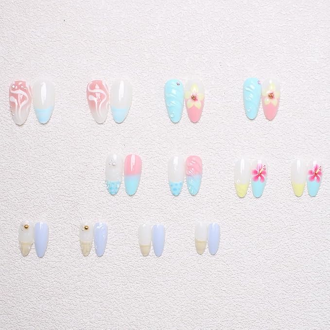 24Pcs Pink Flower Press on Nails Medium Almond Handmade Fake Nails with Gold Shell Pearl Design Blue French Tip False Nails Full Cover Artificial Glue on Nails Summer Beach Stick on Nails for Women