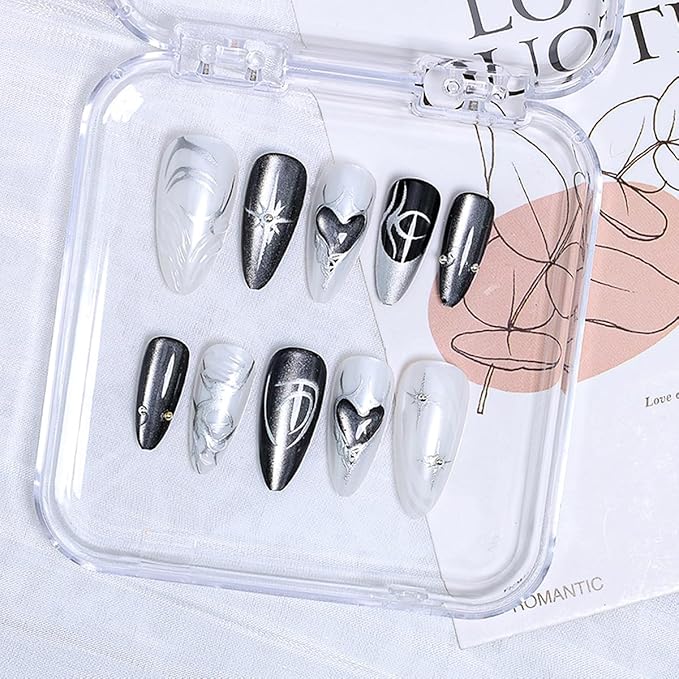 24Pcs Black Press on Nails Almond Medium Fake Nails Silver Chrome Artificial Acrylic Nails Y2K Star Full Cover Stick on Nails 3D Alloy Gothic False Nails Black Heart Glue on Nails for Women Manicure