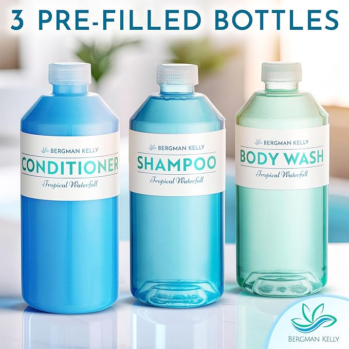 Bergman Kelly - Replacement Shampoo, Conditioner & Body Wash Refill Set - 12.6 oz, 3 Piece Set - Tropical Waterfall - for Dispensers - Delight Guests with Invigorating & Refreshing Hotel Hospitality