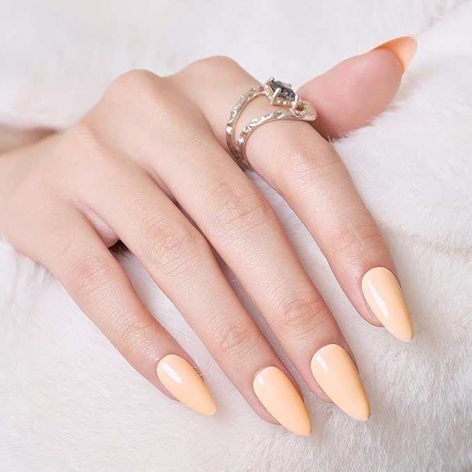 Wooyas Press on Nails Almond，Reusable Handmade Gel Fake Nails Medium Glossy，Lightweight Natural Fake Nail in 12 Sizes - 24 Pcs Soft Gel Glue On Nails Kit，Light Peach Color