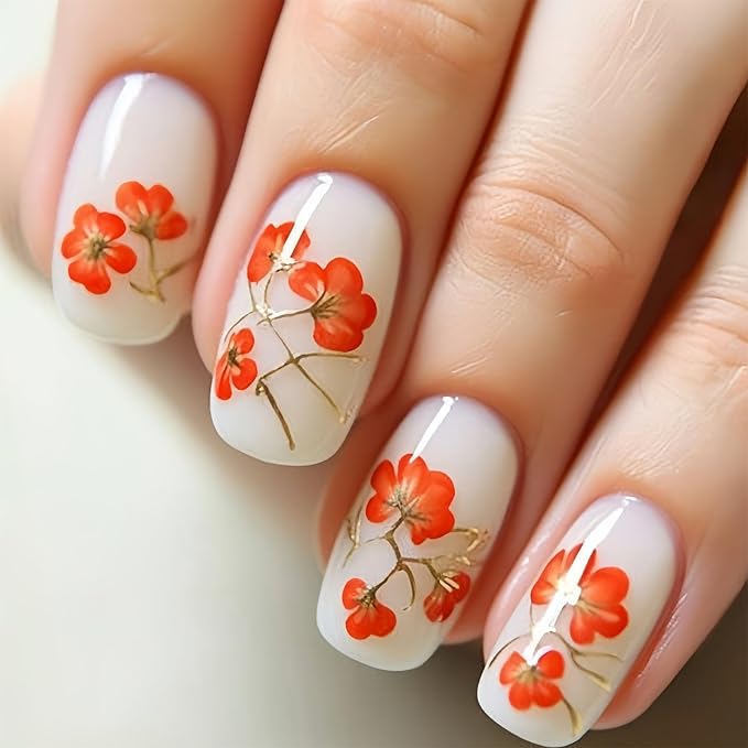 White Press on Nails Medium Square Fake Nails with Flower Designs Spring Nails Press ons Summer Acrylic Nails for Women 24Pcs